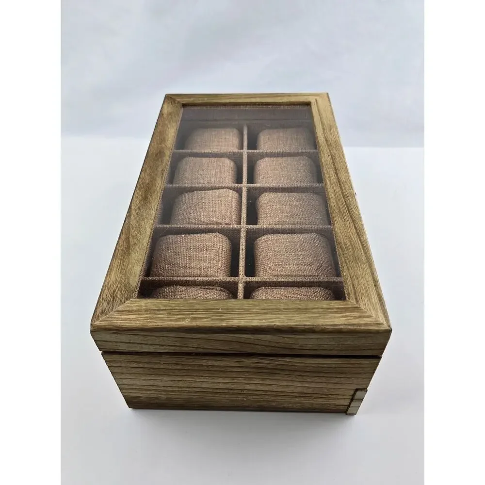 10 Slot Light color Wooden Watch Box with Sliding Jewelry Drawer Ring Clear Top